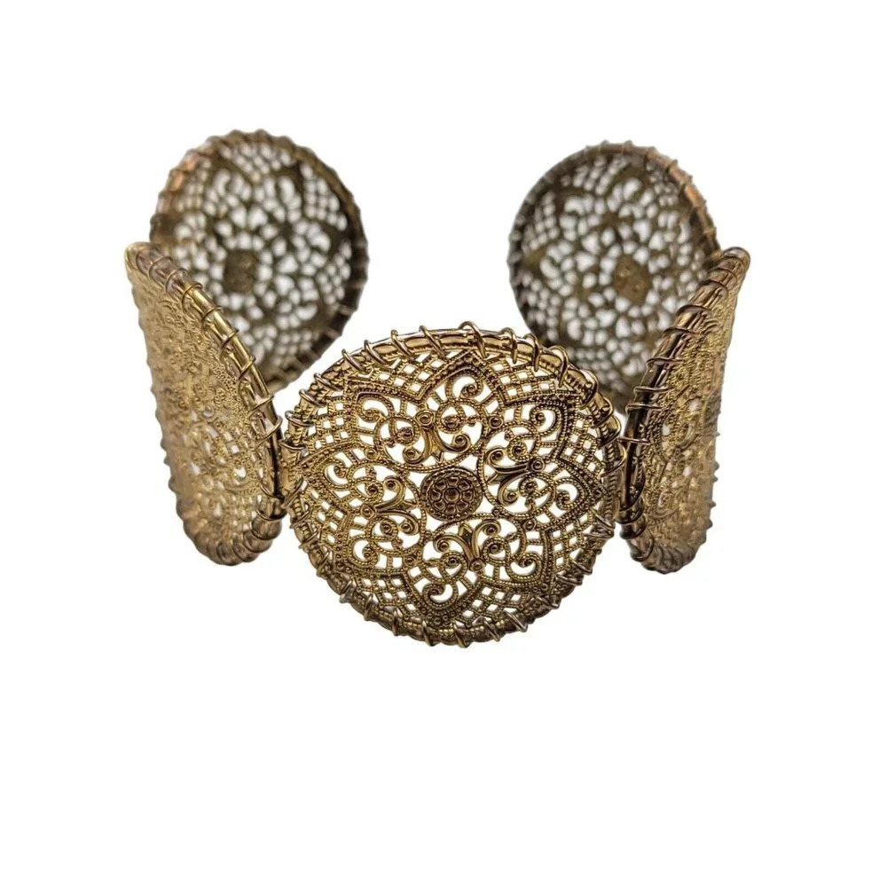 Filigree Gold Tone Medallion Vintage Metal Cuff Bracelet 1.75" Wide Boho
